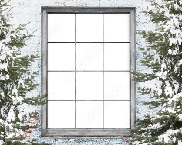 Fototapeta A winter scene of the outside of a house looking into the inside of a blank home with trees. Add your portrait into the cutout copyspace area for a creative holiday portrait idea.