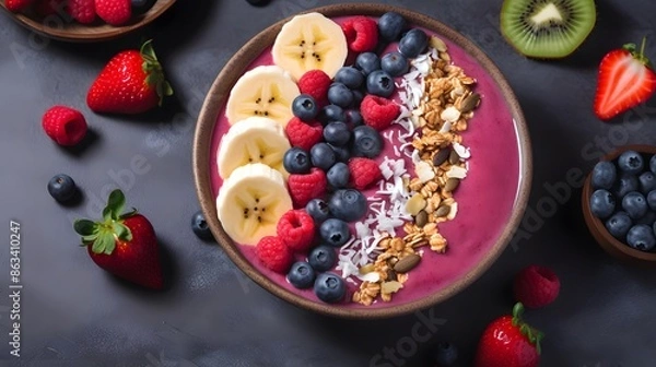 Fototapeta Colorful Acai Smoothie Bowl with Fresh Berries, Banana, and Coconut Toppings.