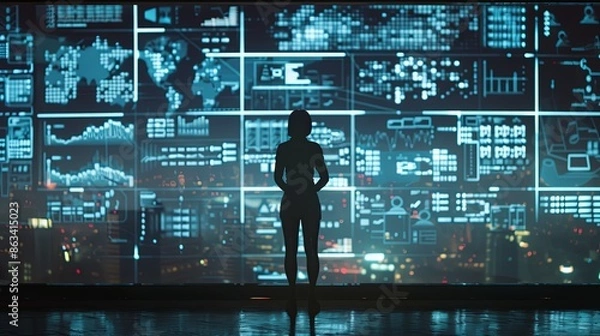 Obraz Silhouette of a person standing before a giant digital screen displaying cyber threats and vulnerabilities data flow. Concept of cybersecurity, digital protection, and information security.
