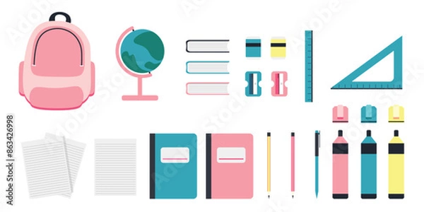 Fototapeta A collection of school supplies including a backpack, a ruler, a pencil