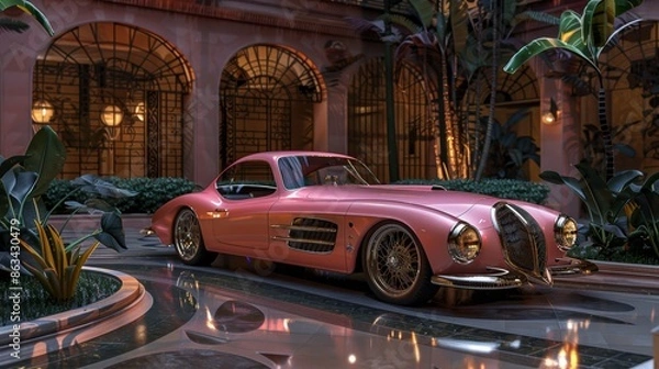 Fototapeta Luxury Pink Vintage Car in Opulent Setting, Generative AI