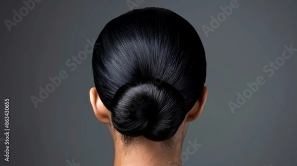 Fototapeta A person with a modern sleek bun, featuring smooth and shiny hair gathered into a neat bun