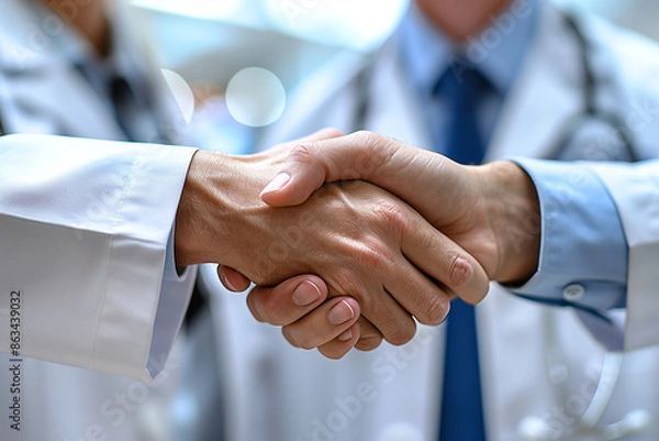 Fototapeta Close-Up of Doctors Shaking Hands in Medical Collaboration