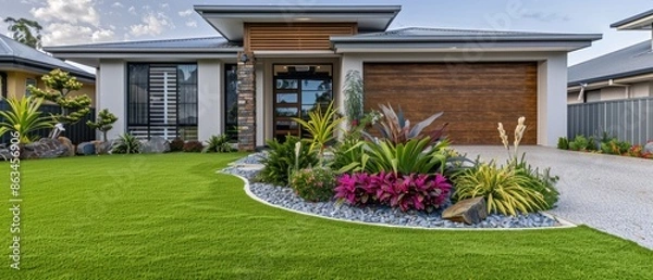 Obraz A contemporary Australian home or residential buildings front yard features artificial grass lawn turf with timber edging, and a big flowers garden