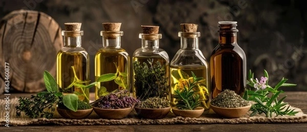 Obraz Herb oil bottles of homeopathy herbs