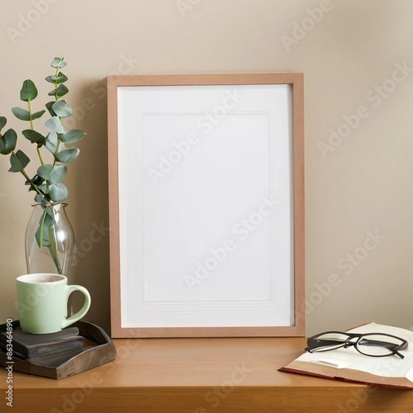 Fototapeta Empty wooden picture frame mockup hanging wall background. Boho vase, Flowers. Coffee cup, old books