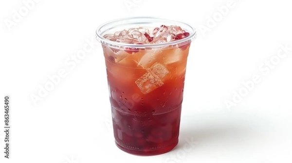 Fototapeta Clear plastic cup filled with Iced Pomegranate Tea and a lid, isolated white background, studio light for focused advertising