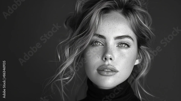 Obraz Black and white fashion art studio portrait of beautiful elegant woman in black turtleneck. Hair is collected in high beam. Elegant ballet style