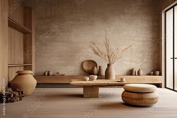 Fototapeta A spacious, bright living room with light walls, a sofa, and a coffee table, in warm boho tones. The walls are made of natural stone, dried flowers in large clay pots.