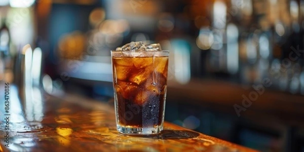 Fototapeta A Glass Of Cola With Ice On A Bar Counter