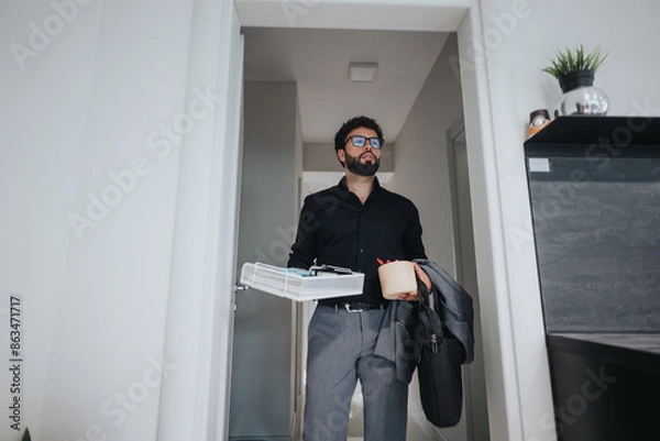 Fototapeta Confident male professional carrying a coffee cup and work documents, walking in a modern office space, dressed in business attire.