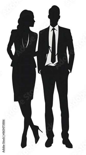 Fototapeta Elegant silhouette of a professional man and woman walking side by side in business attire.