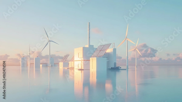 Fototapeta A white futuristic building with solar panels and wind turbines sits on a reflective surface, bathed in a warm sunset glow.