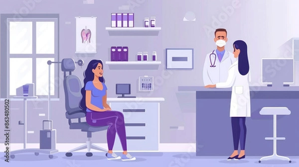 Fototapeta A woman is sitting in a chair in a doctor's office. A doctor is standing behind her and a nurse is standing in front of her. The doctor is wearing a mask