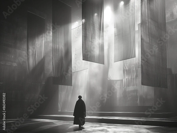 Fototapeta silhouette of a person in the lobby is covered with curtains