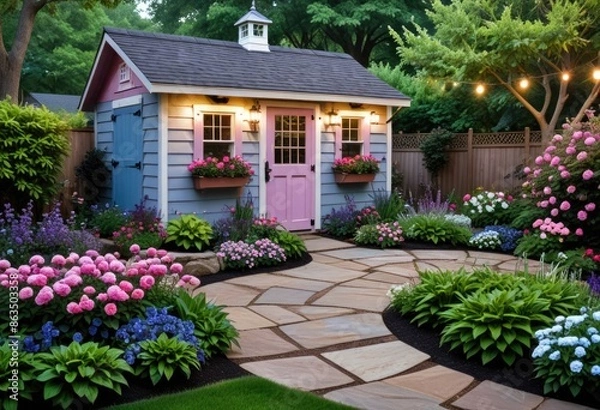 Fototapeta a cozy backyard garden at dusk, featuring a circular stone patio surrounded by lush flowering plants in shades of pink, blue, and purple, with a quaint garden shed in the background