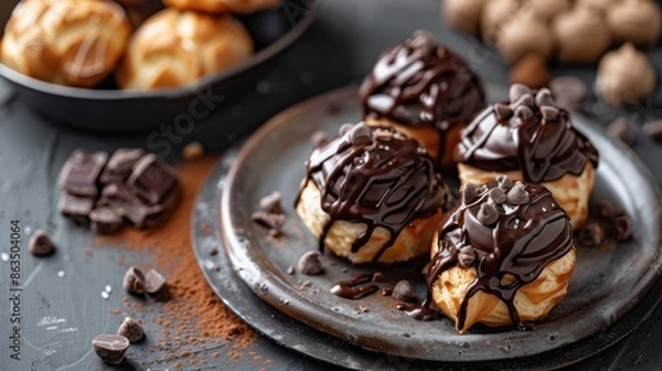 Fototapeta Tasty chocolate filled profiteroles displayed on the table