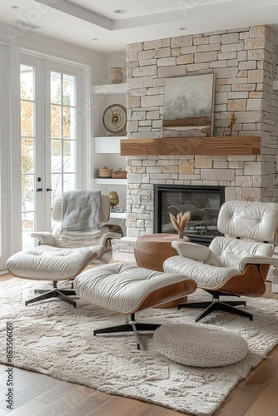 Fototapeta A stylish living room featuring a stone fireplace, modern furniture, and natural light, creating a warm and inviting atmosphere.