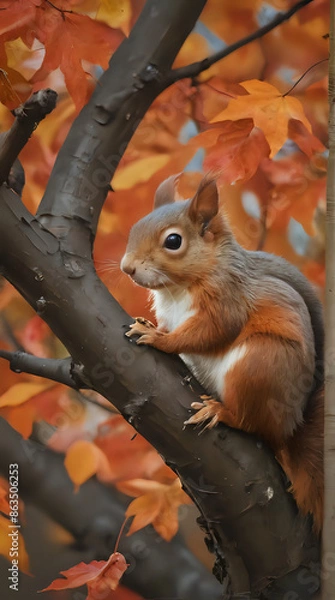 Obraz a squirrel sitting on a tree branch with leaves in the background
