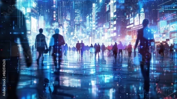 Fototapeta Blue holographic figures walk through a futuristic digital city, creating a sci-fi atmosphere against a dark background.
