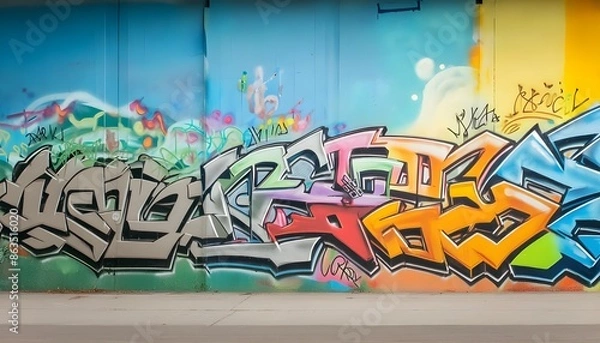 Fototapeta An urban background with a gritty, textured wall covered in graffiti art