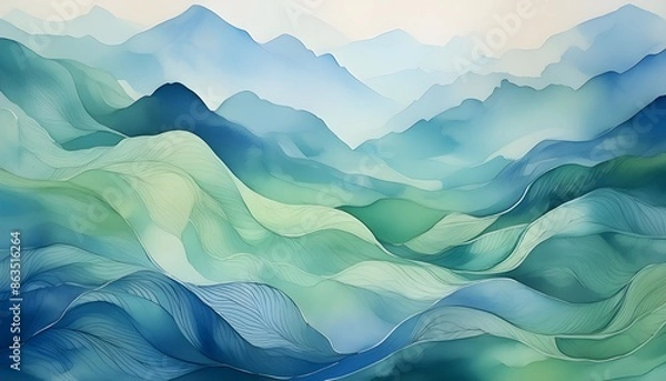 Fototapeta A watercolor background with soft, flowing strokes in shades of blue and green