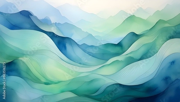 Fototapeta A watercolor background with soft, flowing strokes in shades of blue and green