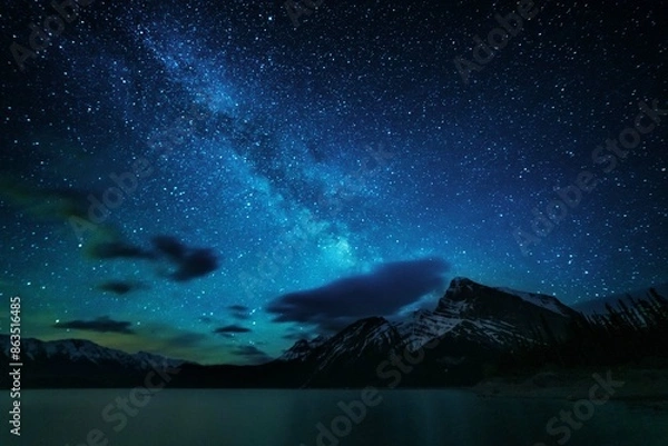 Fototapeta Night landscapes with beautiful starry sky and the Milky Way against the backdrop of a mountain lake in the Canadian Rockies