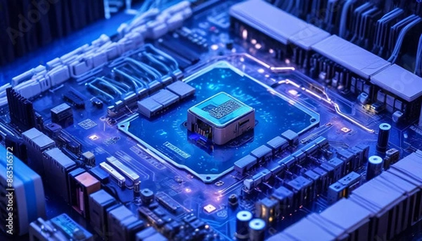 Fototapeta A powerful computer processor or chip on a motherboard. Modern technologies. Blue background. created with generative ai