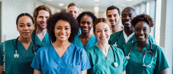Fototapeta Group portrait of diverse healthcare team in hospital lobby, natural light, wide-angle shot, all in scrubs, smiling confidently, modern and bright environment, focus on unity and professionalism.