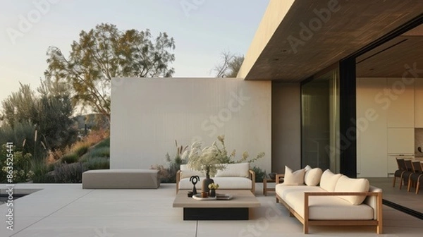 Fototapeta A large white house with a patio area that features a white couch