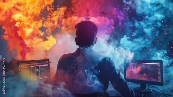 Fototapeta Supercomputer and content editor immersed in miraculous light, with vibrant smoke effects swirling around, emphasizing creativity