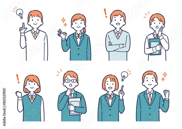 Obraz 上を向いて明るい表情をする高校生のイラストセット＿上半身