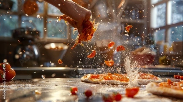 Fototapeta Sizzling Slice Mastering the Art of Pizza Tossing in a Vibrant Kitchen Scene