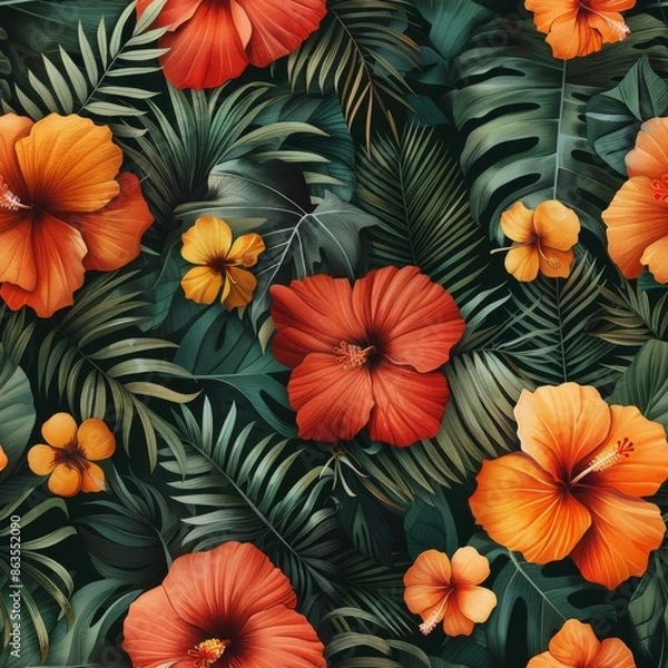Fototapeta watercolor Hibiscus flowers in bold reds and oranges intertwined with delicate fern leaves, deep jungle green background, vibrant and dynamic, seamless repeating pattern, minimal pattern