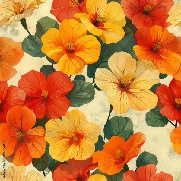 Fototapeta watercolor Nasturtiums in soft orange, yellow, and red, aged fabric background, intricate floral print, classic vintage garden charm, seamless repeating pattern, minimal pattern, high contrasty
