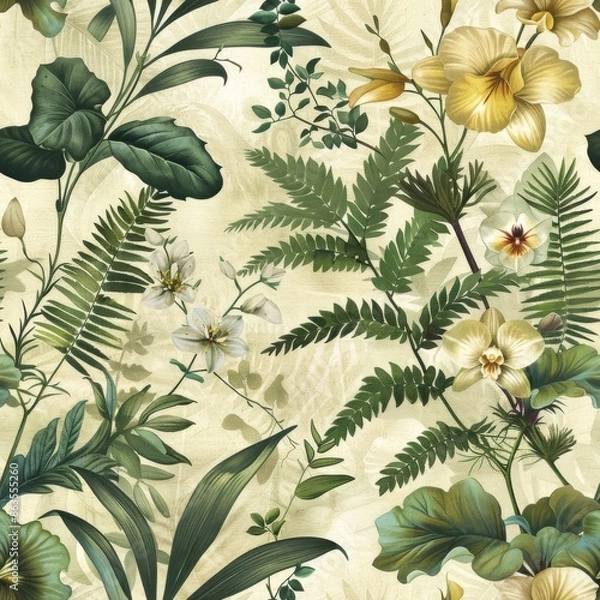 Fototapeta watercolor Orchids and ferns in soft beige and sage green, old book illustration style, vintage scientific drawing, classic refinemen, seamless repeating pattern 