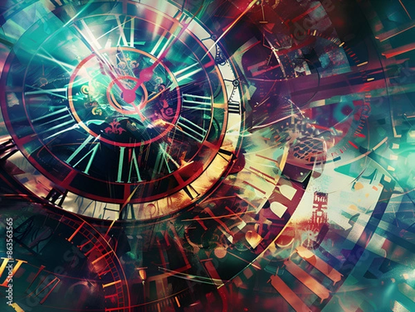 Fototapeta Abstract time portal with swirling vortexes and glowing clocks,
Arafed image of a spiral of colorful lights in a dark room 