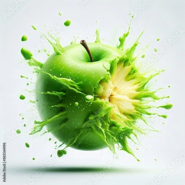 Fototapeta Explosive Freshness: Green Apple Burst on White Background