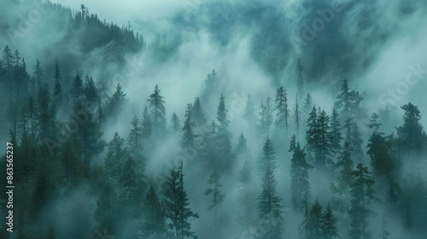 Fototapeta A dense forest shrouded in mist landscape