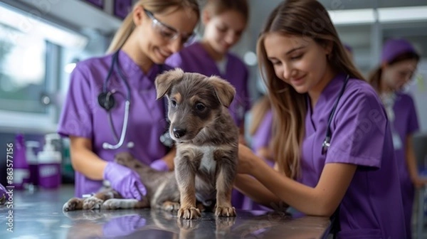 Fototapeta Labor Day tribute featuring purple veterinarians caring for animals in a clinic, elegant and clean design