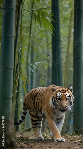 Fototapeta a tiger walking through a bamboo forest with tall green trees