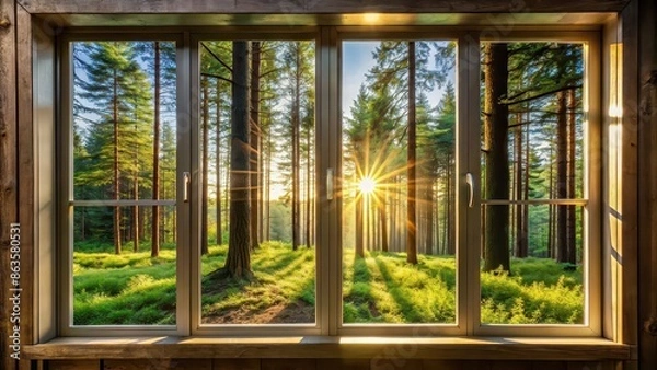 Fototapeta View of serene forest bathed in sunrise light through window, forest, sunrise, window, serene, peaceful, nature, morning, light, trees
