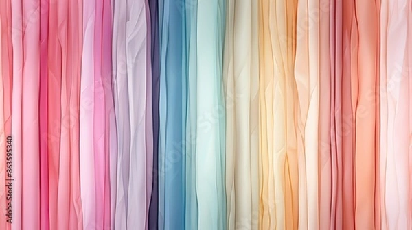 Fototapeta Colorful Fabric Texture Background with Vertical Curtains. Spectrum in Pastel Shades and Soft Tones, Pastel Colored Fabrics Background