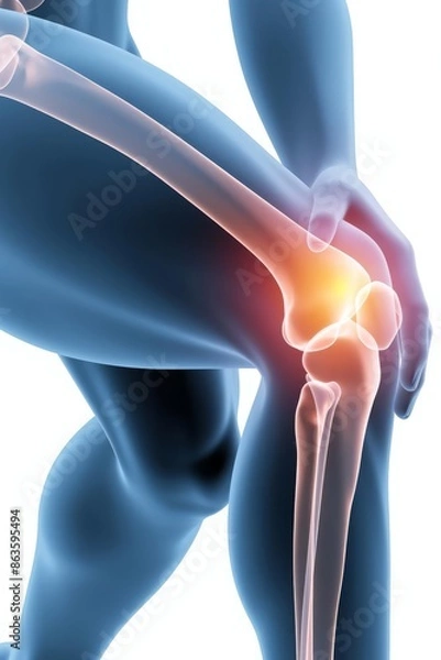Fototapeta 3D rendering of inflamed knee joint with radiating pain, highlighting skeletal structure and medical conditions affecting knees.
