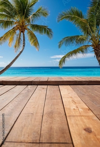 Obraz table wood for product visualization in the tropical beach