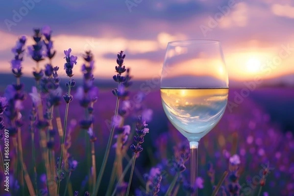 Fototapeta Beautiful image of a wine glass in a lavender field during sunset, capturing the serene and picturesque ambiance of the countryside.