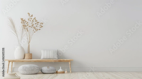 Obraz Modern boho interiors in neutral color with minimal furniture decor, copy space and natural lighting. Residential contemporary space for Real Estate advertising.