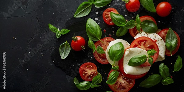 Fototapeta Caprese salad with mozzarella cheese tomatoes and basil on black background
