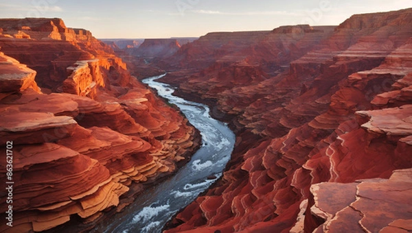 Fototapeta A winding river flows through a deep canyon